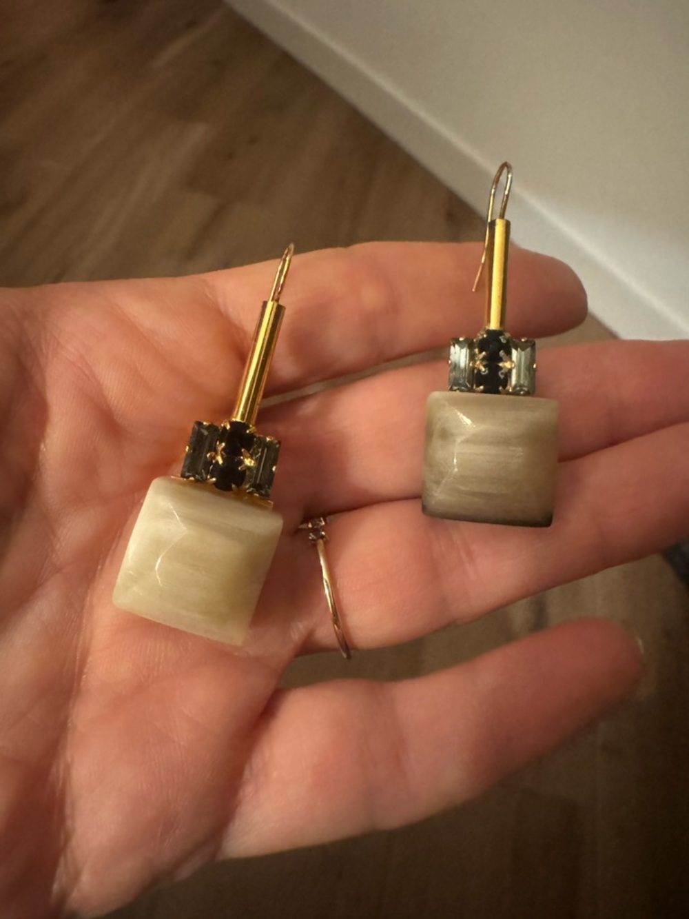 Marni Gold-Tone Earrings with Cream Stone Cubes and Dark Crystal Accents